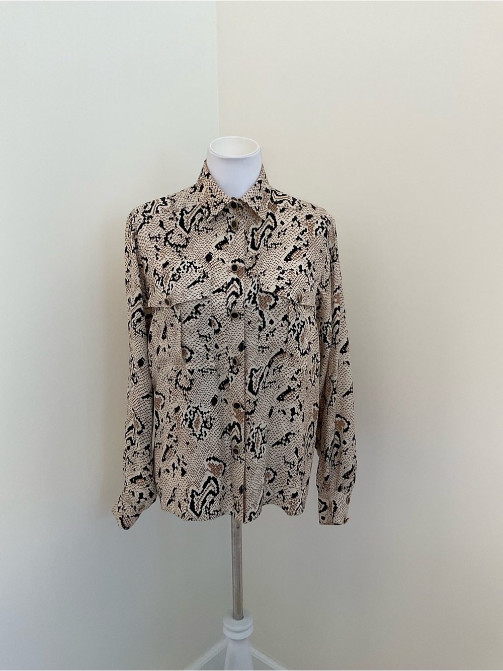 Vintage Adrianna Papell Beige and Black Silk Snake-Print Button-Down Shirt
